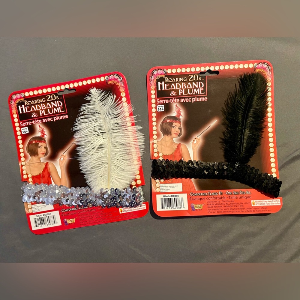 2 NEW Roaring 20’s Flapper costume plume headbands- black, silver/white